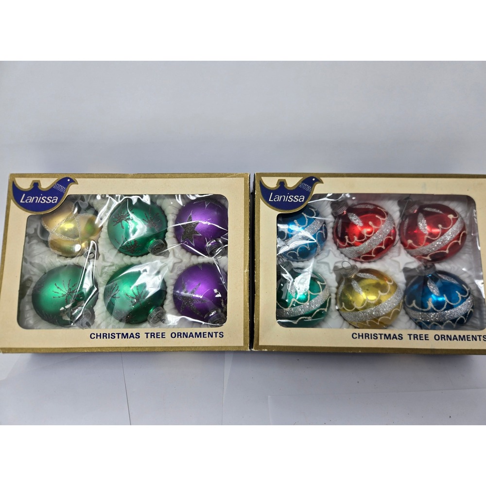 Vintage Lanissa Glass Christmas Ornaments 12pc Multicolor Glitter Mid Century